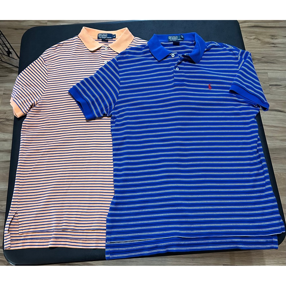 Polo Ralph Lauren Polo Shirts Mens M Blue Peach Striped Cotton Bundle 2pk Preppy